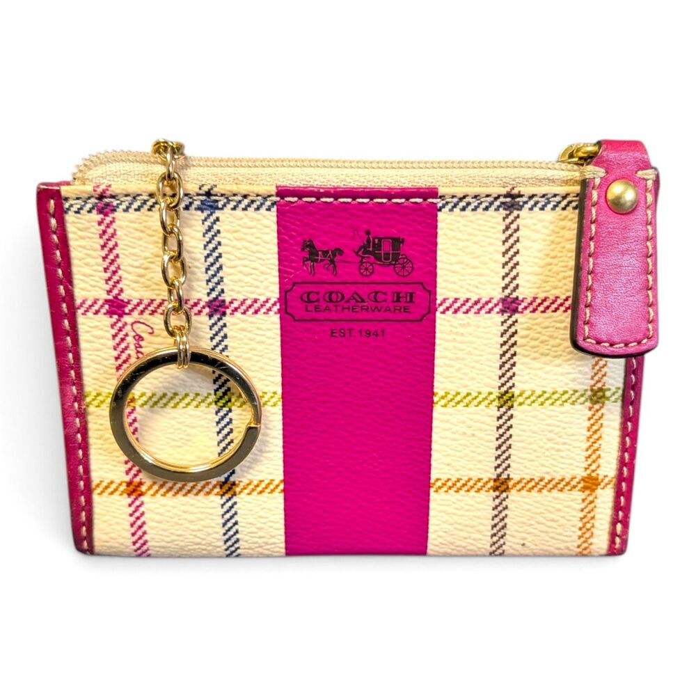 Coach Pink Plaid Leather Key Chain Zippered Pouch Mini Wallet 4.5x3 Some Wear